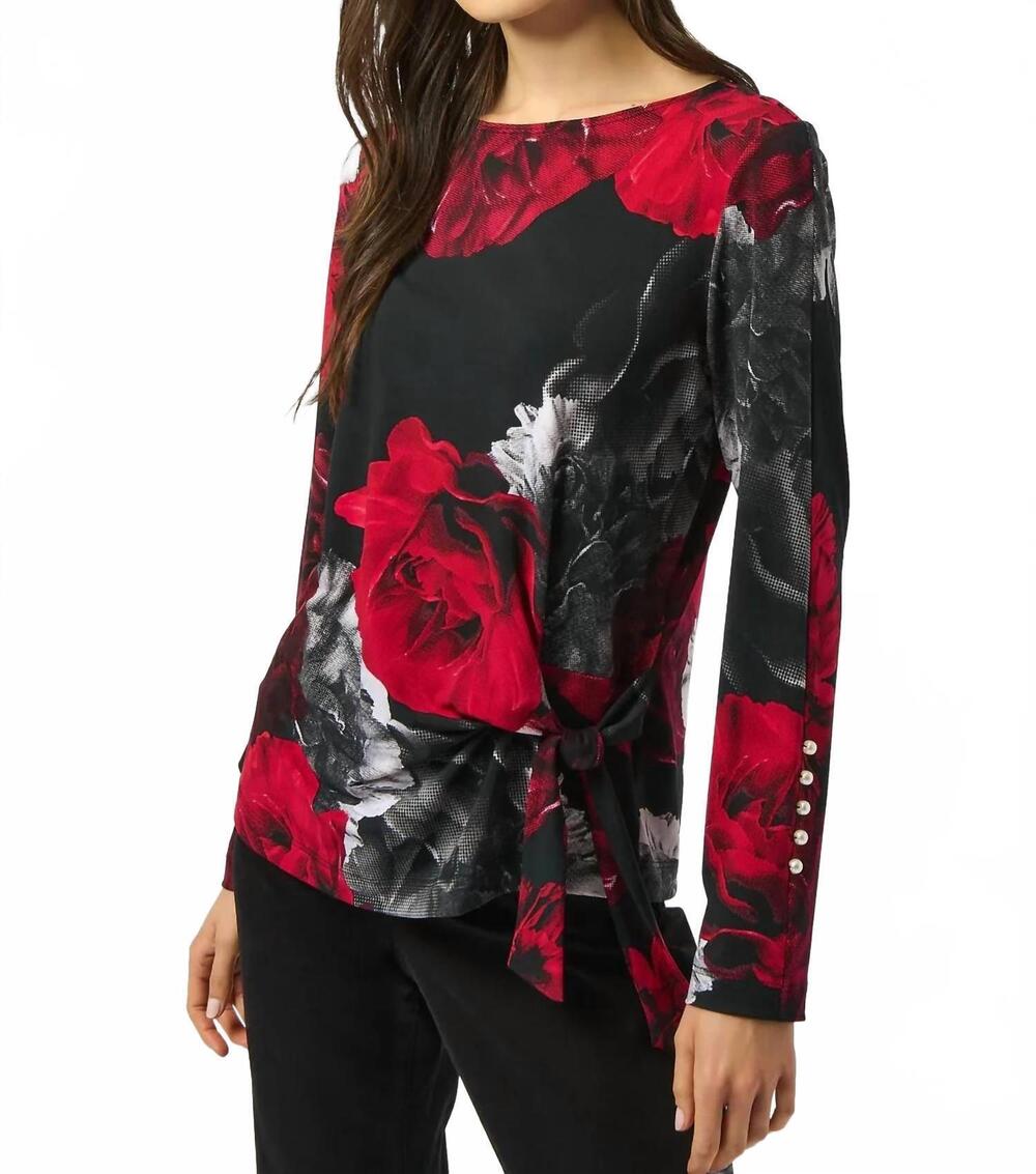 NEW JOSEPH RIBKOFF floral print boat neck long sleeves fitted top in black/red